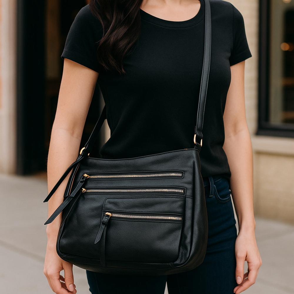 Black Faux Leather Crossbody Shoulder Bag Gold Zipper Pockets Baddie Luxe City